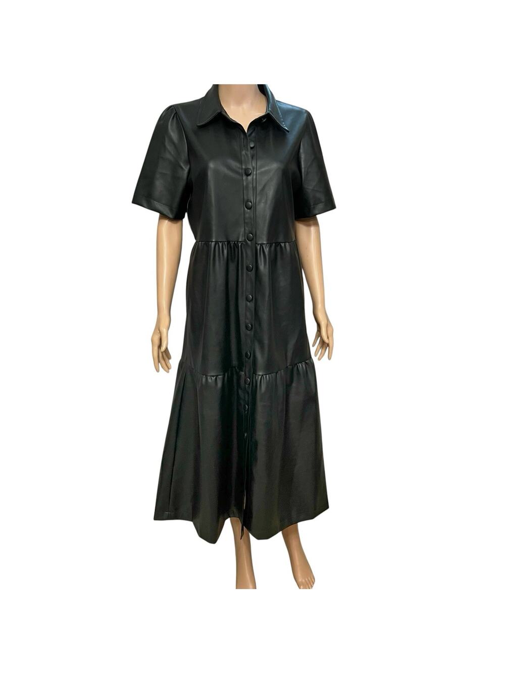 Evereve Elliott Faux Leather Midi Dress Medium Black Tiered Button Down Casual